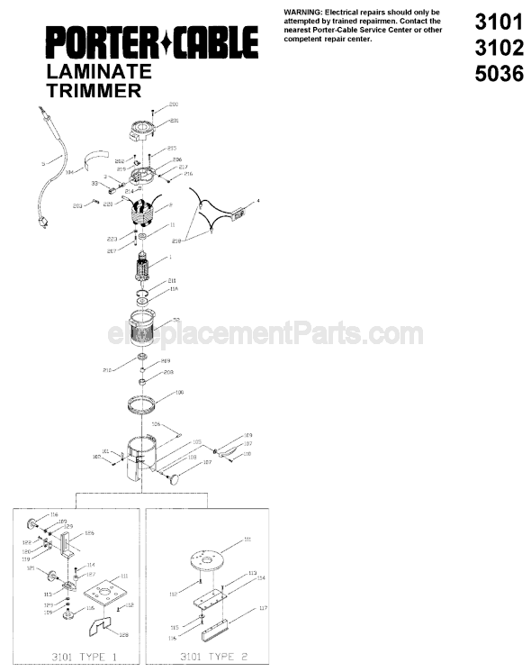 Page A Diagram and Parts List for 3102 Type 1 Porter Cable Laminate Trimmer
